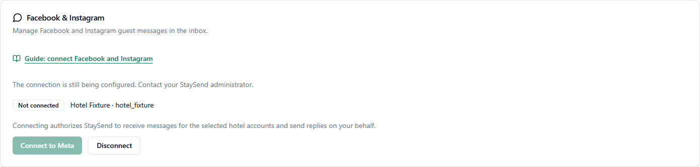 Example StaySend settings showing Not connected and a disabled Connect to Meta button.