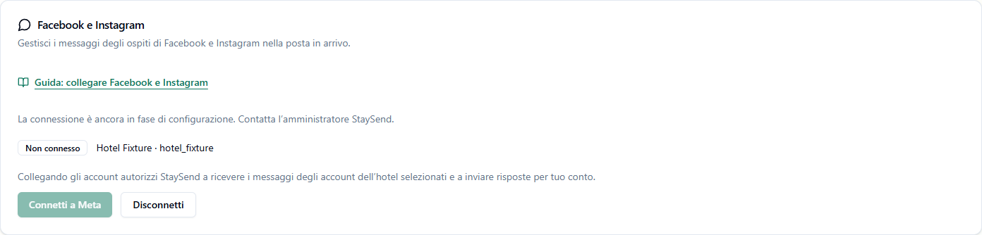 Esempio delle impostazioni StaySend con stato Non connesso e pulsante Connetti a Meta disabilitato.
